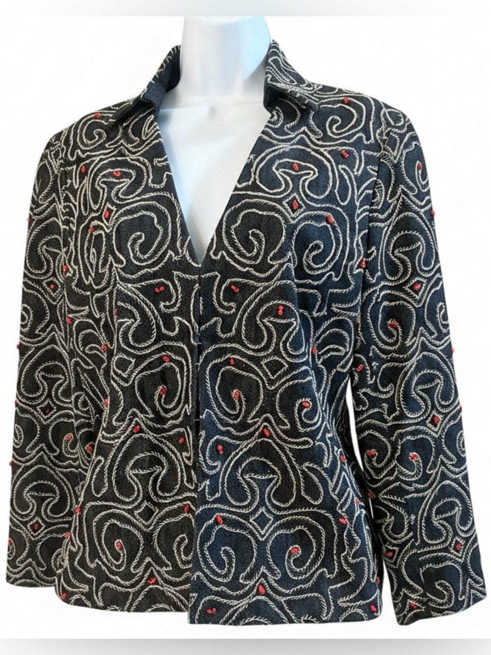 Vintage Anne Klein New York Embroidered Beaded Blazer Jacket Black Red Size 10